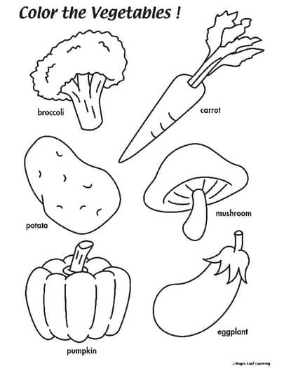 vegetables coloring page with the words color the vegetables