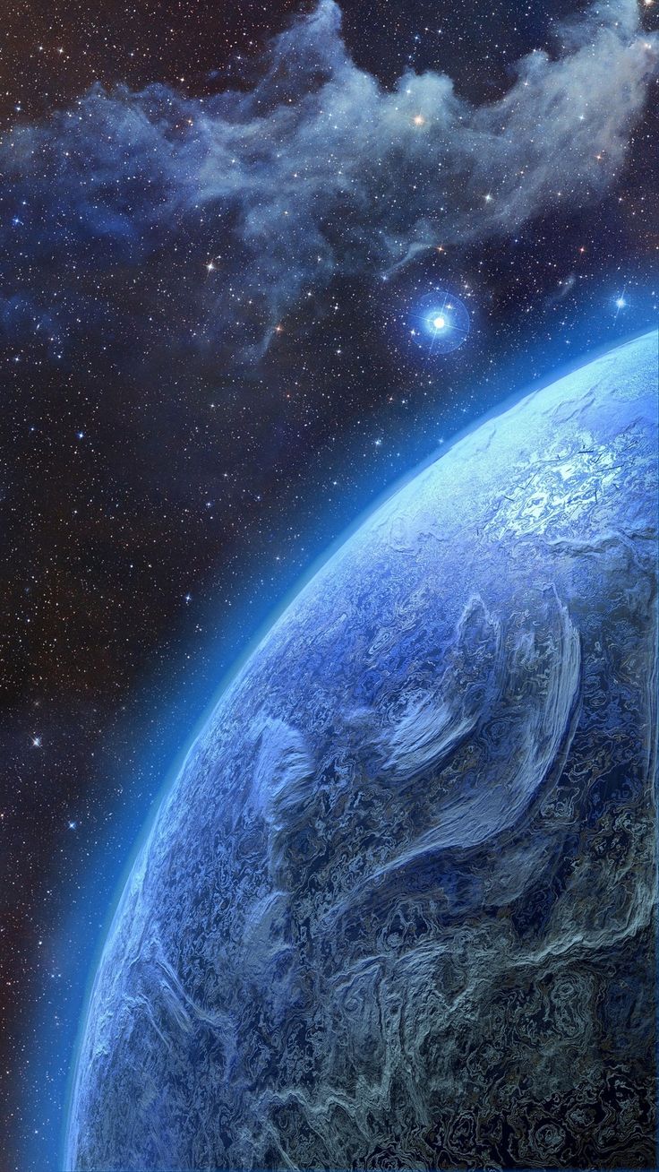 an artist's rendering of the earth in space with stars and clouds around it