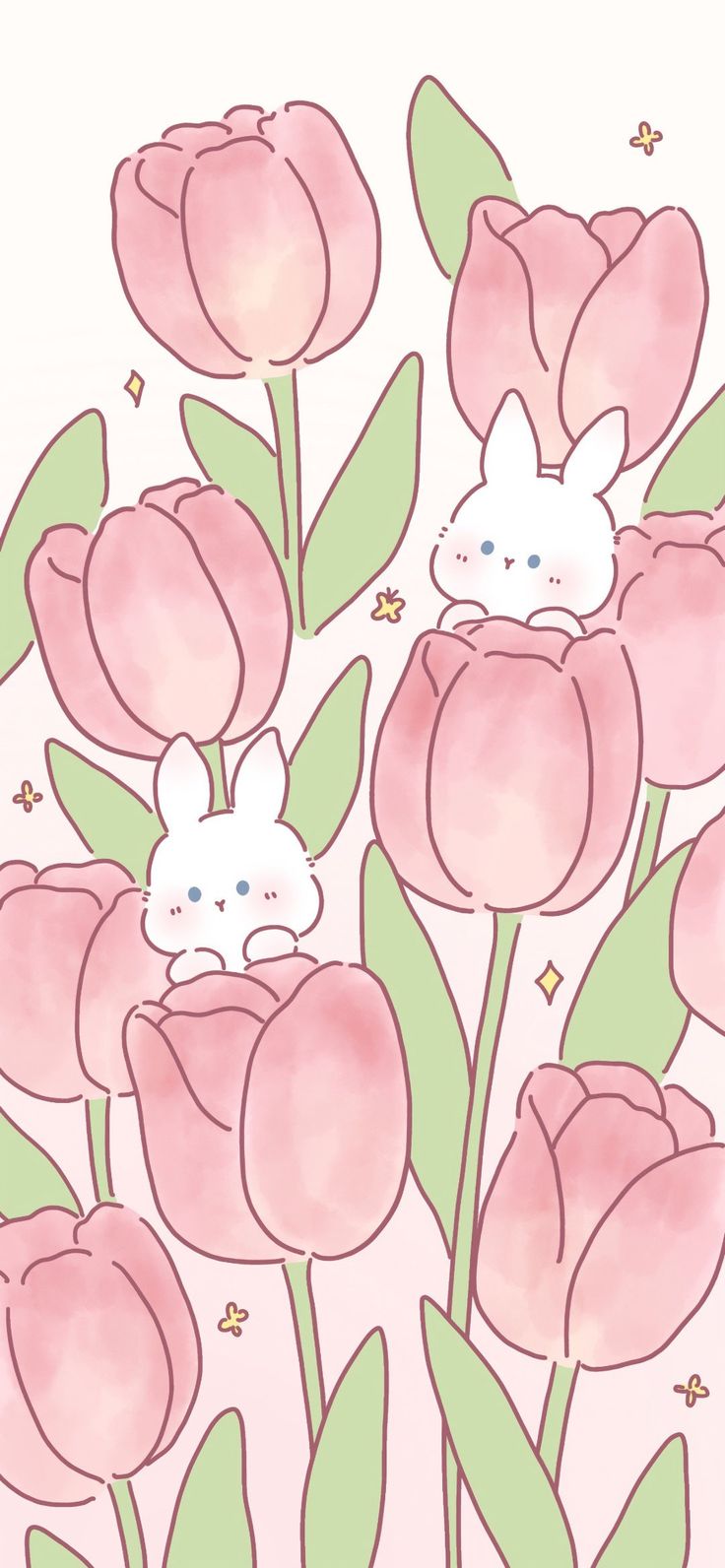 some pink tulips with two rabbits in the middle