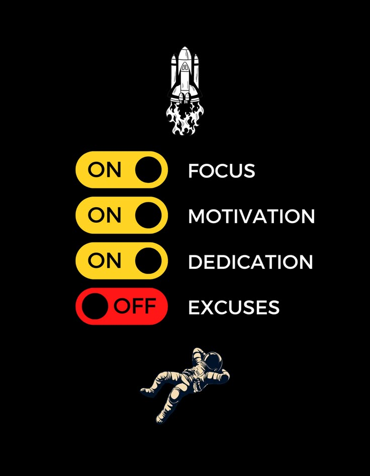 a poster with the words focus on motivation, dedication, and excusses written below it