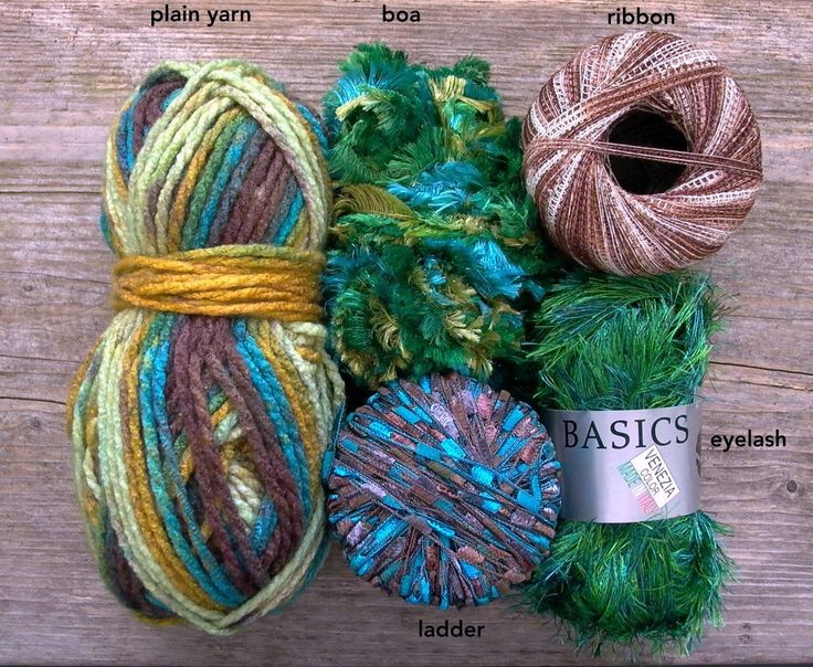 three balls of yarn and two skeins of yarn on a wooden surface with labels labeled