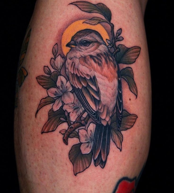 a bird sitting on top of a tree branch with flowers in front of the moon