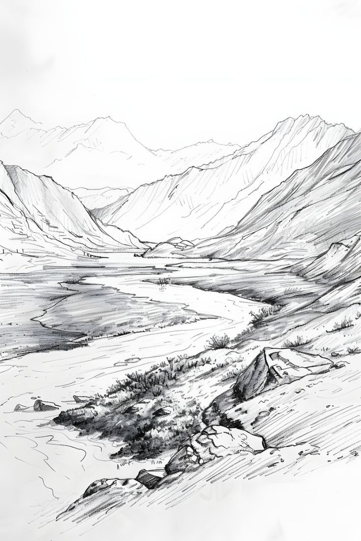 black and white drawing of mountains in the distance, with water flowing from it's bottom