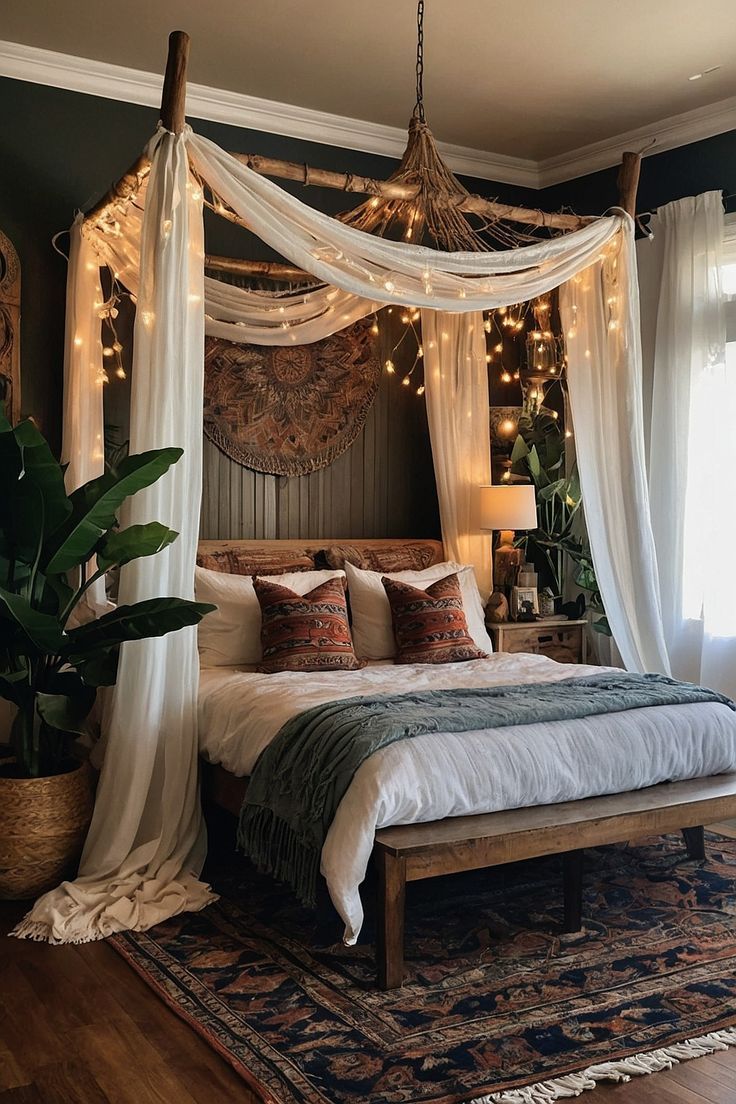 a bed with white drapes hanging from it's sides and lights on the ceiling