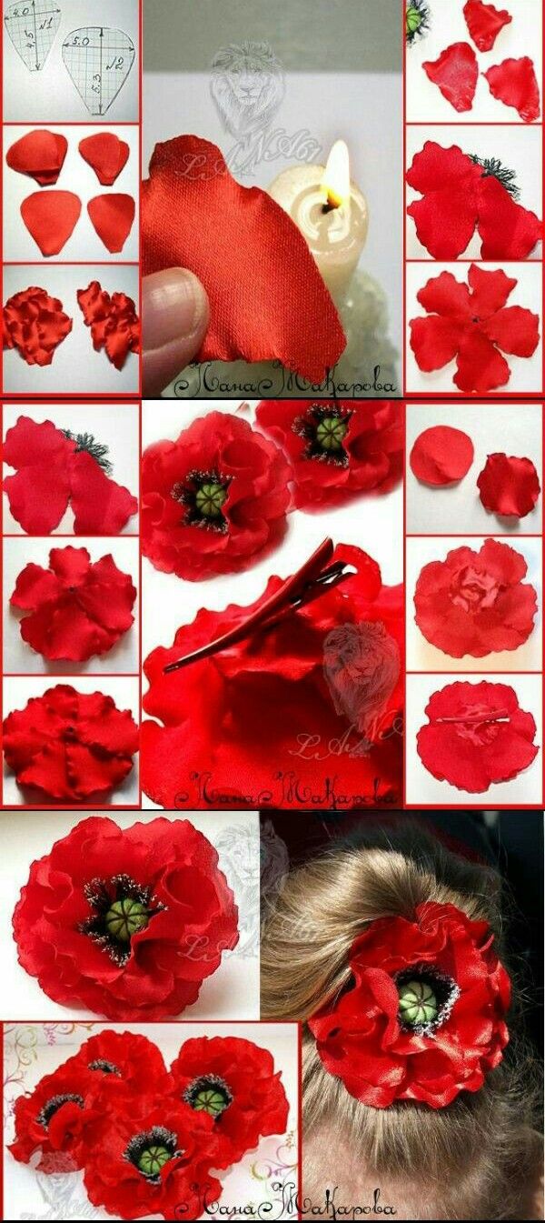 red flowers are being made with felt and thread