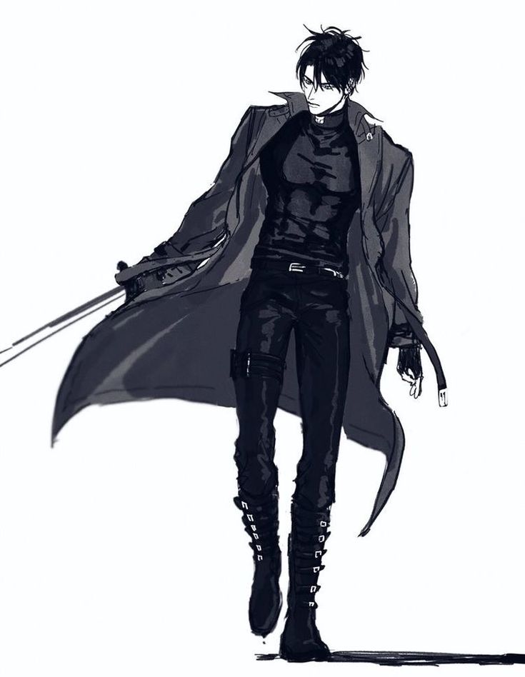 a drawing of a man with long hair and black clothes, holding two swords in his hand