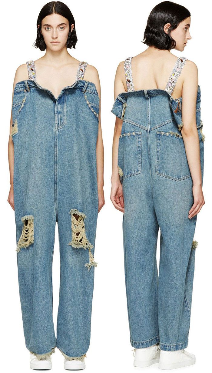 $1,425. Oversized Jumpsuit Ugly Clothes, Clothing Fails, Upcycle Denim, Denim Upcycle, Ugly Fashion, Ugly Dresses, Oversized Jumpsuit, Ugly Outfits, Lace Costume