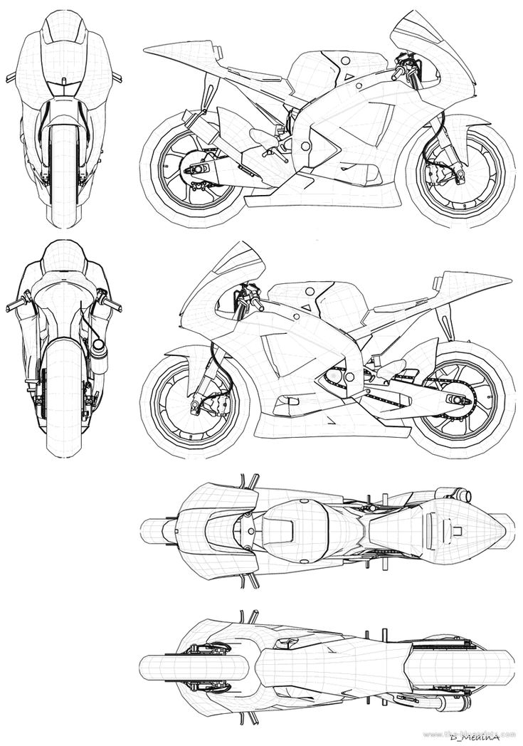 three different views of the same motorbike, each with its own side view