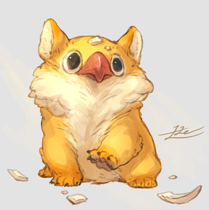 a drawing of a yellow bird with big eyes sitting on the ground and looking at the camera