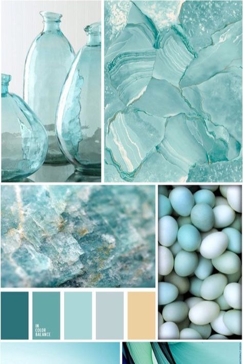 blue and green color palettes with glass vases, eggs, and other items