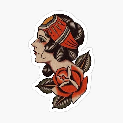 a sticker with an image of a woman's face and flowers on it