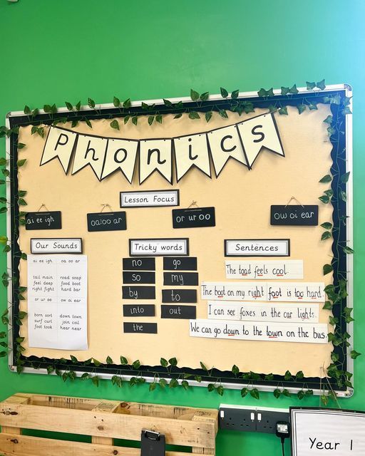 a bulletin board with writing on it in front of a green wall and wooden bench