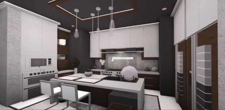 a modern kitchen with white and brown accents