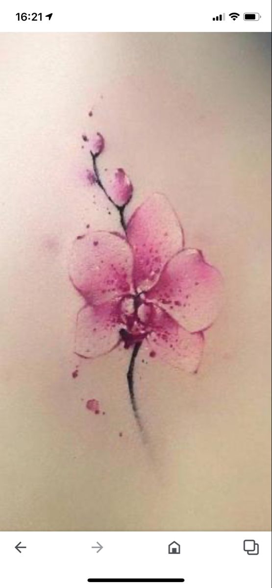 a pink flower tattoo on the back of a woman's stomach, with watercolor splash