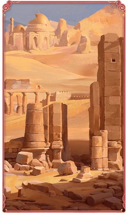 a painting of ancient ruins in the desert