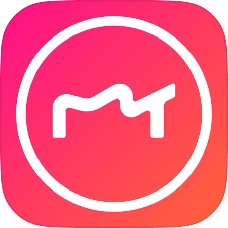 a pink and white square icon with the letter m in it's center,