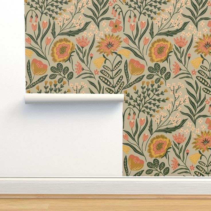 an image of a wallpaper with flowers on the side and behind it is a white door