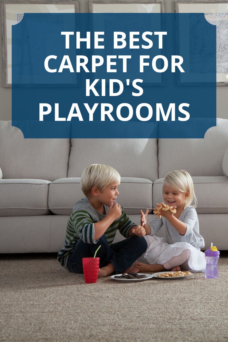 two children sitting on the floor eating pizza and drinking sodas with text overlay that reads, the best carpet for kids's playrooms