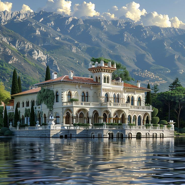 a large white house sitting on top of a lake next to a lush green hillside