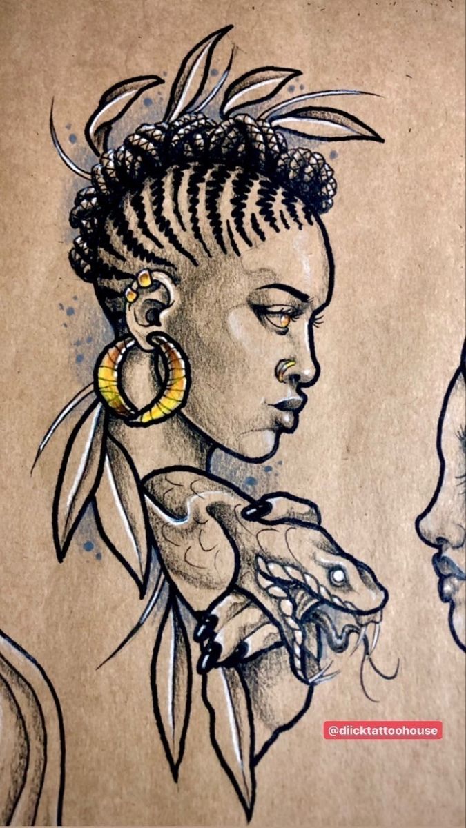 a drawing of a woman with earrings on her head and an ear ring in her hand