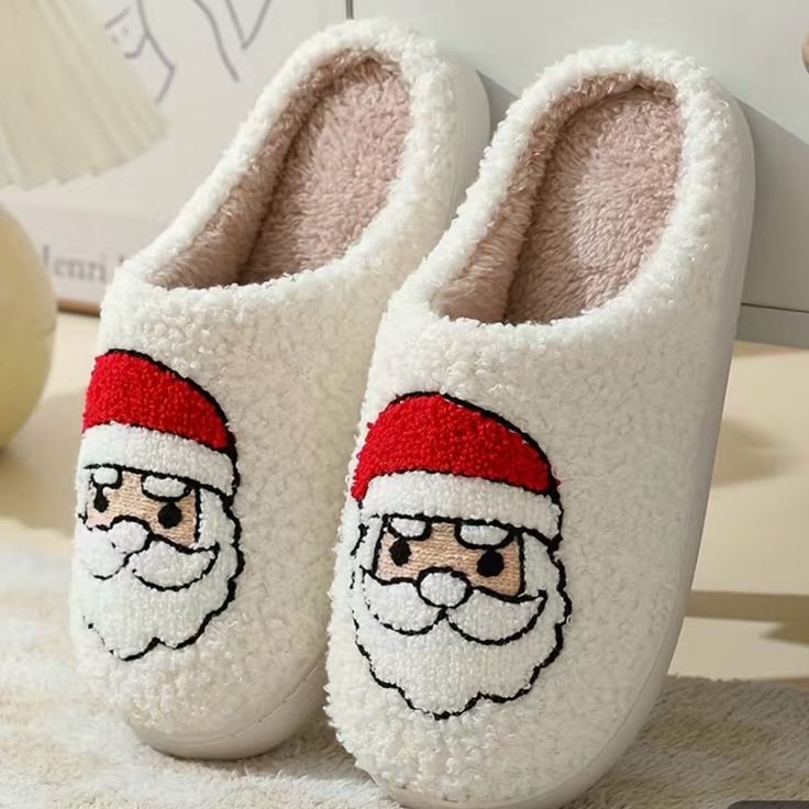 These Adorable Slippers Feature Santa Claus On A White Slipper. They Are So Cute And Comfortable! Perfect As A Gift! Keep Your Feet Nice And Toasty This Winter! Wear Them For Holiday Family Photos!! Please See Photos For More Details And Size Guide Christmas Slippers Red, Embroidered Slippers, Funny Christmas Tree, Cozy Wear, Crafty Fox, Christmas Slippers, Christmas Graphic, Jolly Santa, Fur Slippers