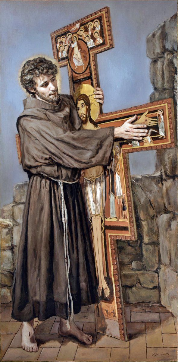 a painting of a man holding a cross