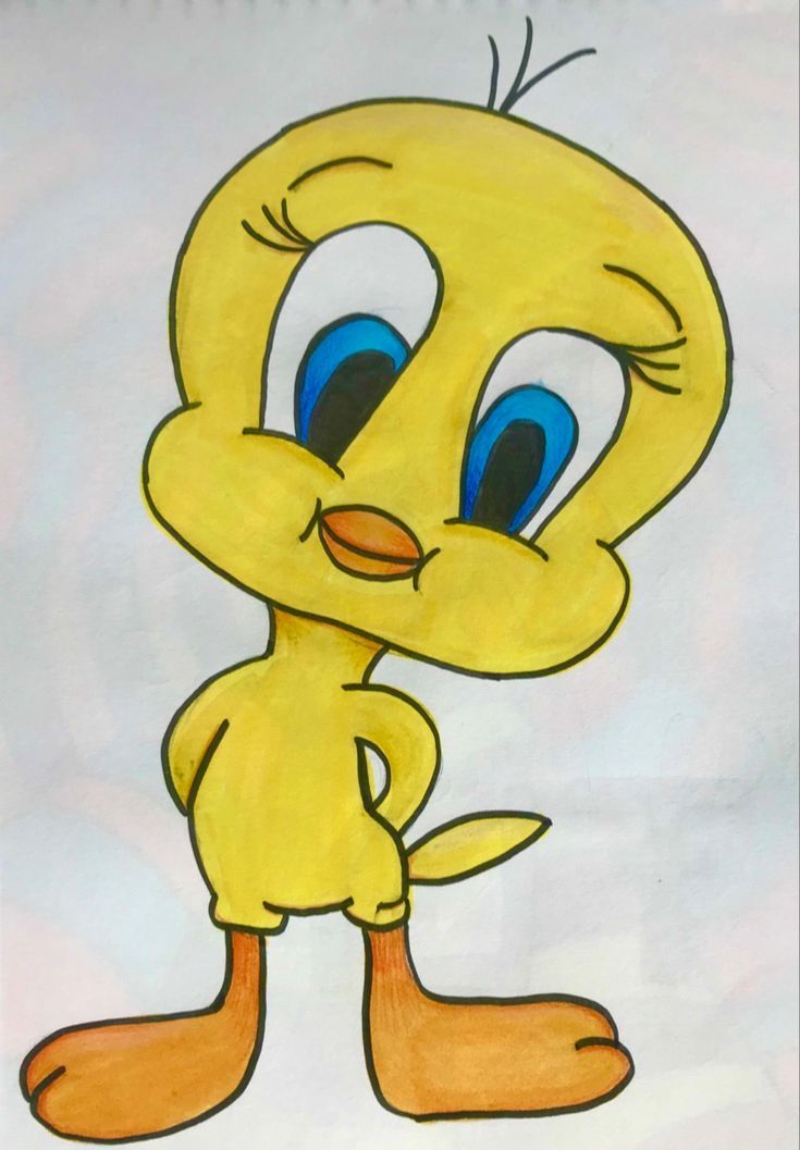 a drawing of a yellow bird with blue eyes