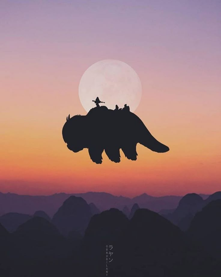 a person riding on the back of a dinosaur in front of a full moon at sunset