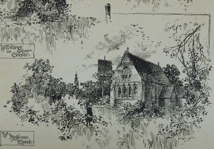 an old drawing of a house in the woods with trees and bushes around it,