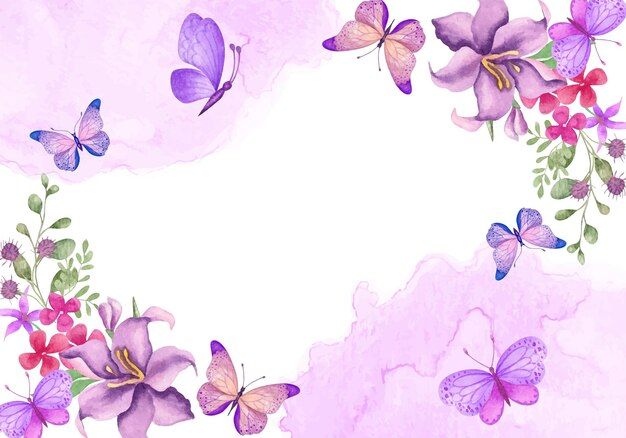 watercolor flowers and butterflies on a pink background