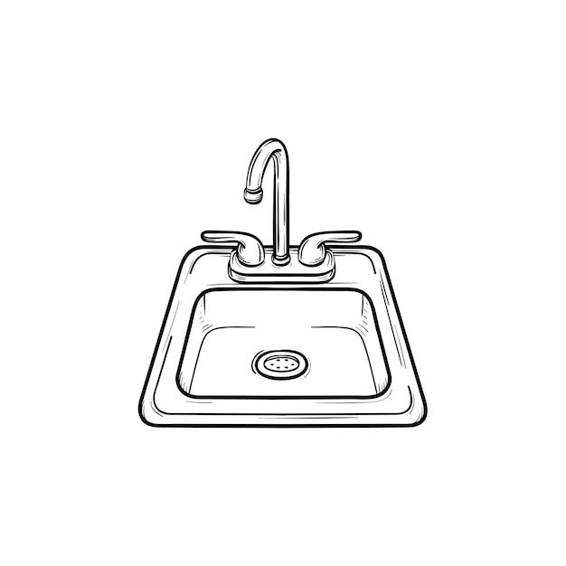 a line drawing of a sink and faucet on a white background with the word,