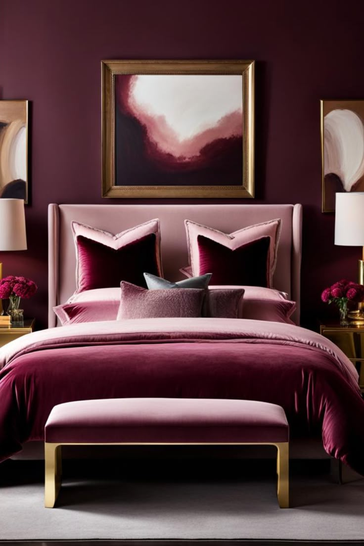 Imagine a space with burgundy walls and a statement velvet headboard in a lighter shade of pink. A dresser and soft, grey bedding contrast the dark walls, with gold-framed artwork adding sophistication. Aubergine And Pink Bedroom, Romantic Bedroom Ideas For Women, Mauve And Burgundy Bedroom, Burgundy And Pink Bedroom Ideas, Pink And Maroon Bedroom, Pink Burgundy Bedroom, Dark Pink Bedding, Dark Pink Room Aesthetic, Burgundy And Pink Bedroom