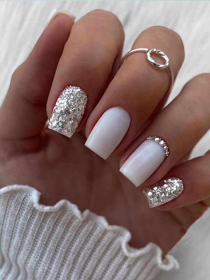 Free Returns ✓ Free Shipping✓. Upgrade Your Look With 24pcs Clear White Silver Glitter Press On Nails, 24pcs Chic Rhinestone Decor Fake Nail Nail Supplies- Press On False Nails at SHEIN. Milky Nails, Wedding Nails Glitter, Her Nails, Bride Nails, Homecoming Nails, New Year's Nails, Silver Nails, Bridal Nails, Elegant Nails