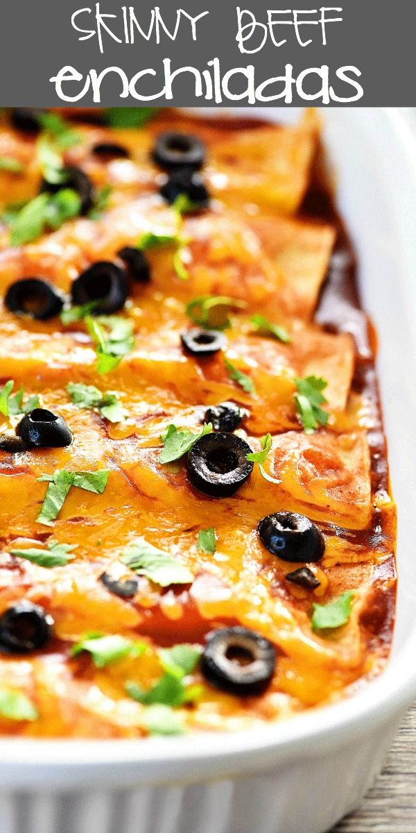 an enchilada dish with black olives and cilantro