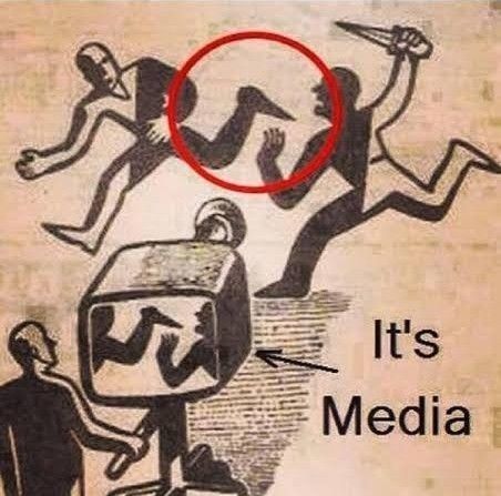 an old newspaper with a cartoon drawing of people running away from a tv screen and the word it's media circled by a red circle