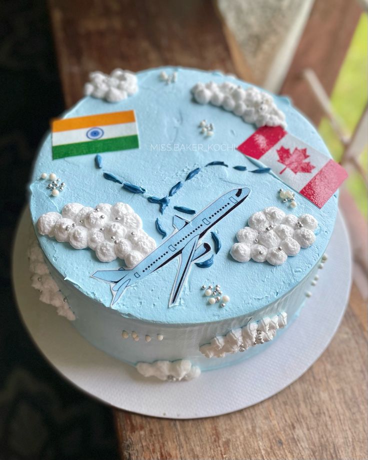 a cake decorated with the flag of india and an airplane is on a wooden table