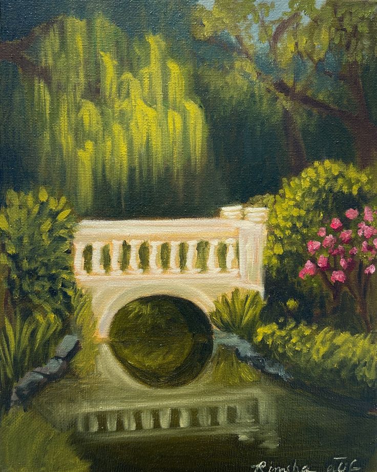 an oil painting of a bridge over a stream in a park with trees and flowers