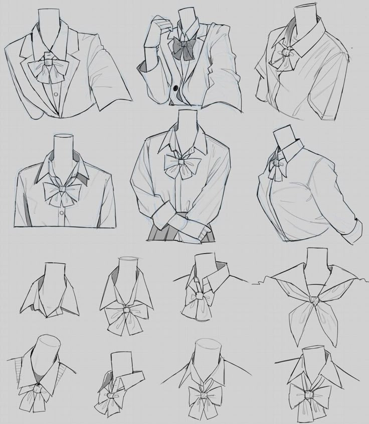 a bunch of different types of shirts and ties on a white paper sheet with black ink