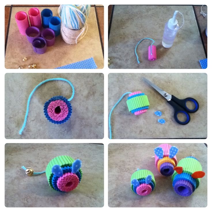 several pictures of different items made out of yarn and plastic tubes on the floor with scissors