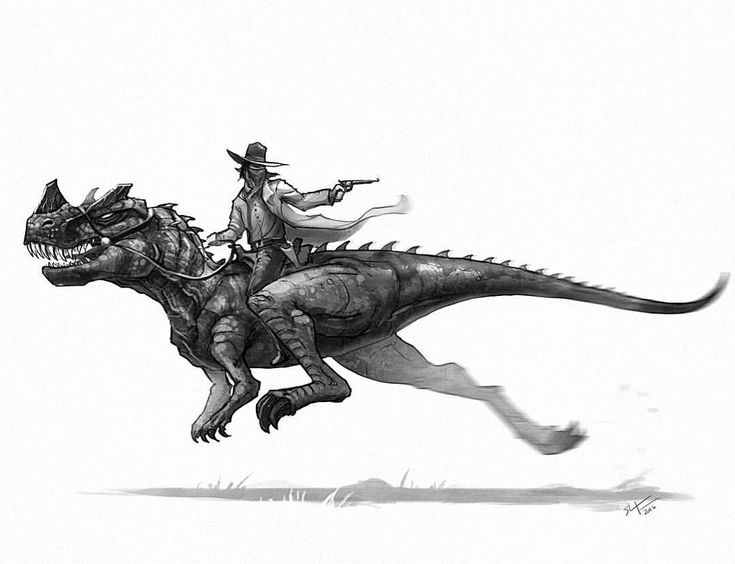 a drawing of a man riding on the back of a dinosaur