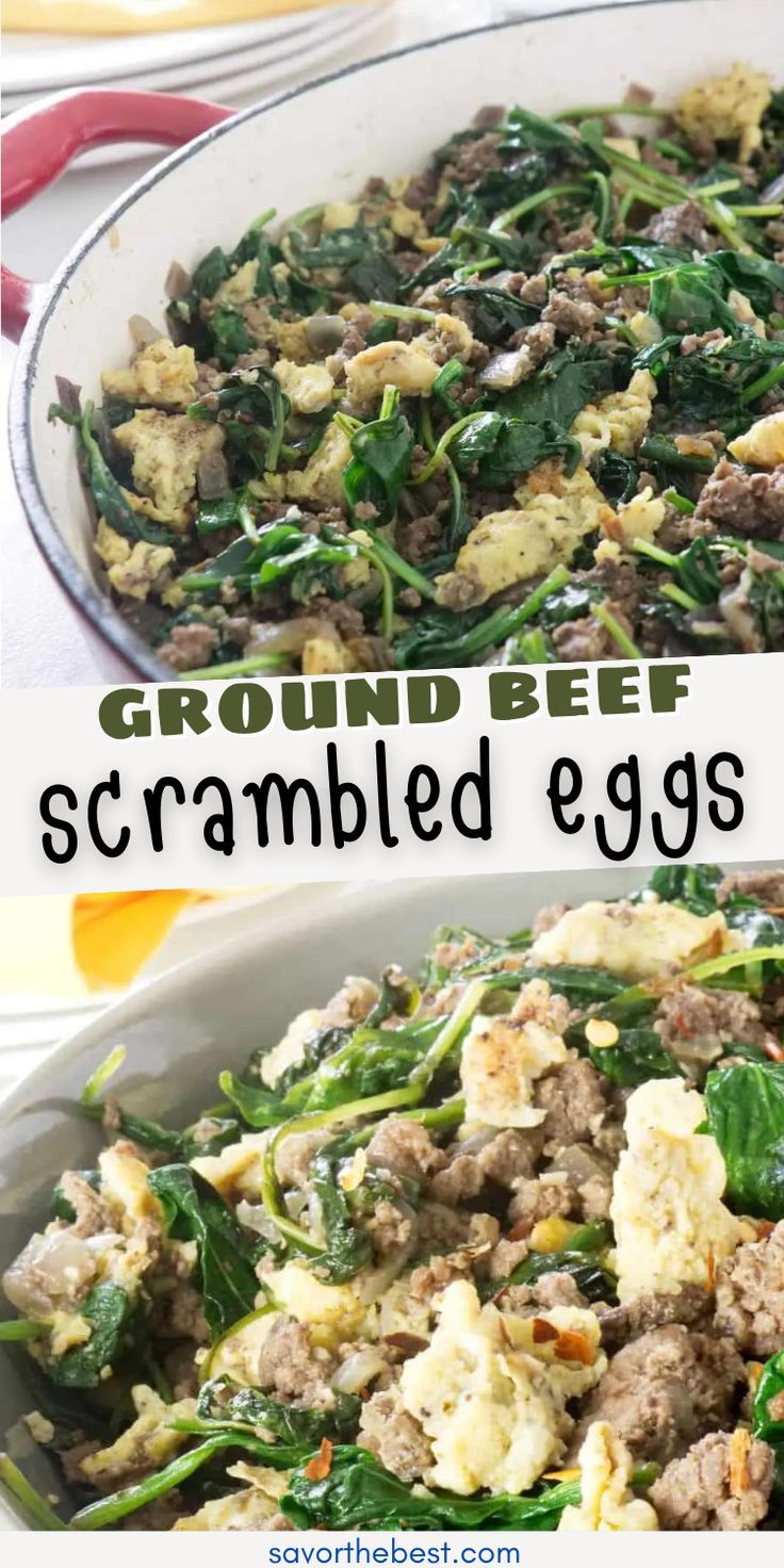 Scrambled eggs with ground beef and spinach in a pan. Beef And Eggs Breakfast, Ground Beef With Eggs, Ground Beef And Eggs Recipes, Ground Beef Breakfast, High Fiber Diet, High Protein Meal Prep, Breakfast Hash, Paleo Beef, High Protein Breakfast