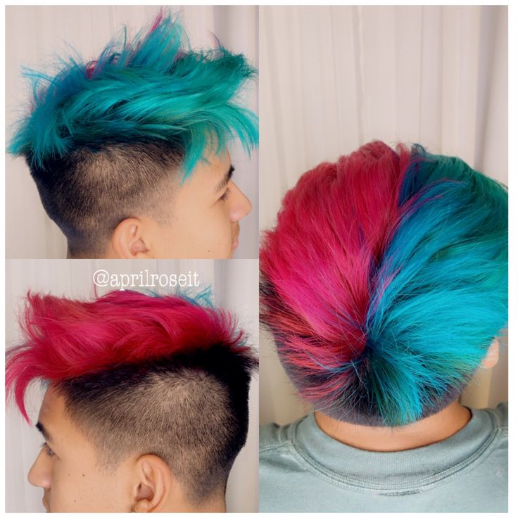 Pink and blue hair Pink And Blue Hair Short, Hair Dye Ideas For Men, Split Dye Ideas, Split Hair Dye Ideas, Killjoy Oc, Split Hair Color, Split Hair Dye, Half Colored Hair, Boys Dyed Hair