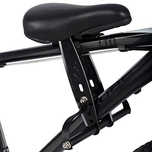 a close up view of the seat on a bike with black leather and metal frame