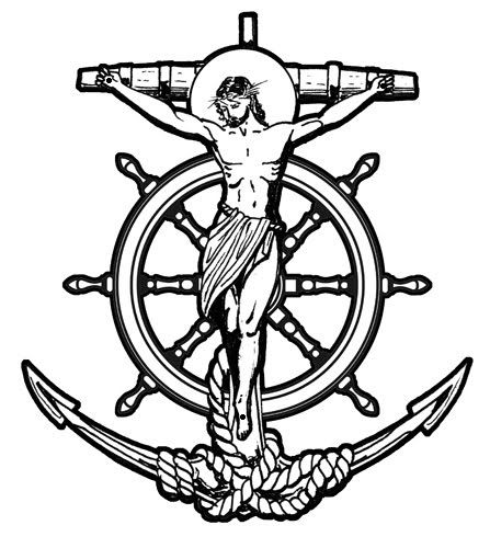 the crucifix is on top of an anchor with rope and ship wheel