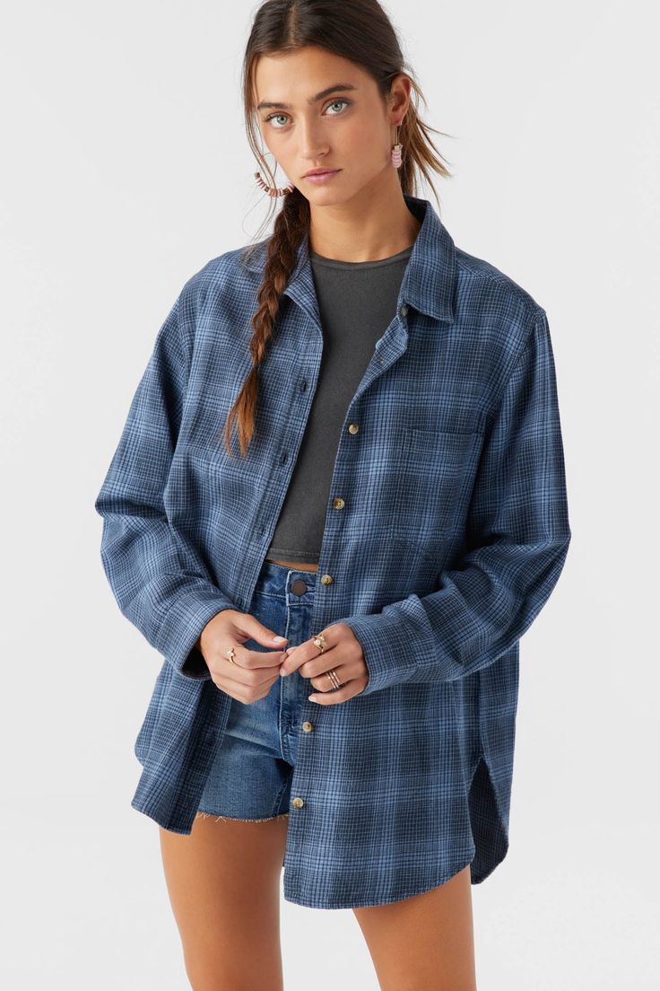 Travys Long Sleeve Top - Slate | O'Neill Womens Low Rise Jeans, Flannel Oversized, Suits Series, Loungewear Outfits, Womens Flannel Shirt, Dye Fabric, Womens Jeans Bootcut, Oversized Flannel, Womens Wetsuit