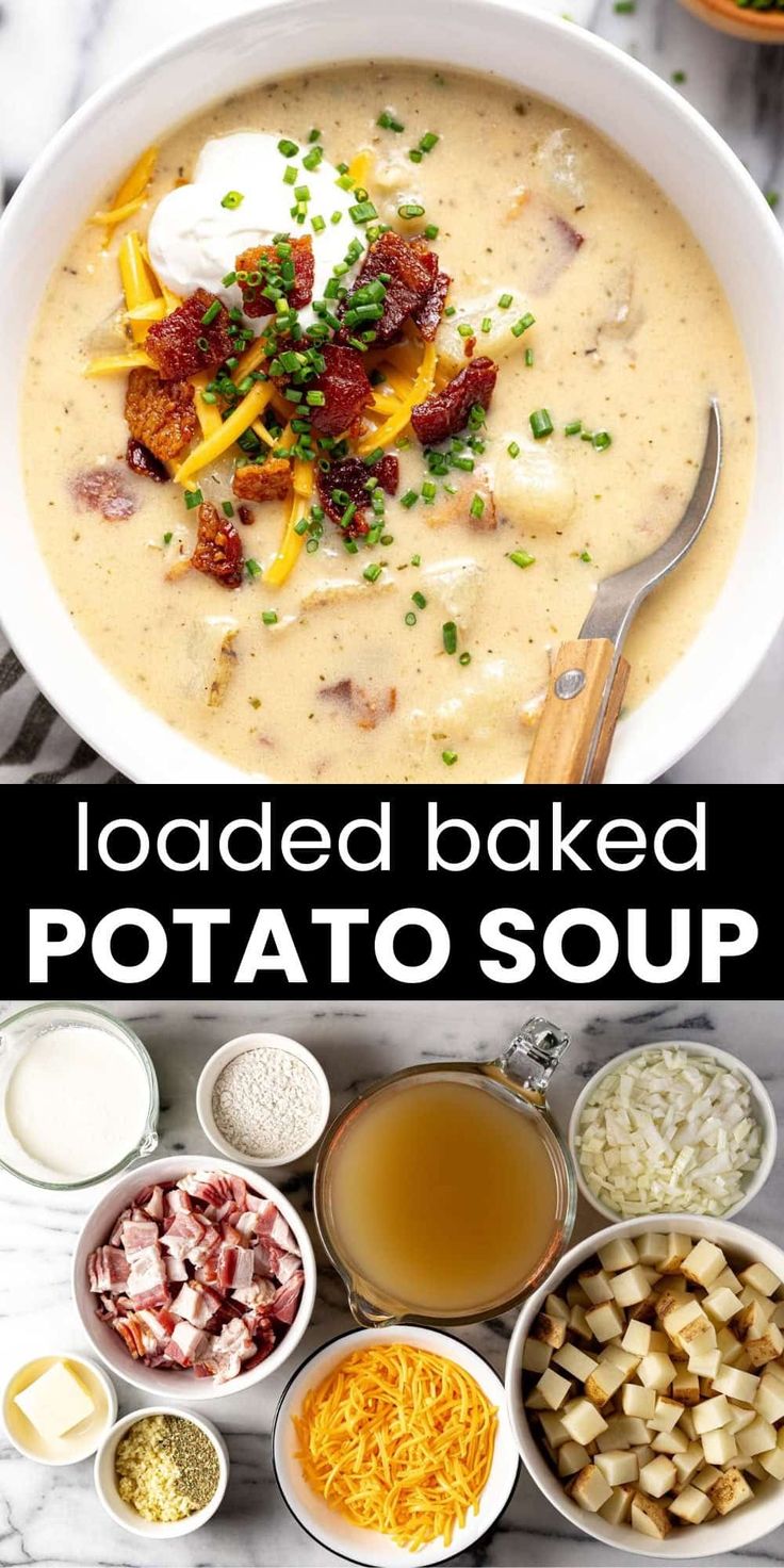 loaded baked potato soup in a white bowl