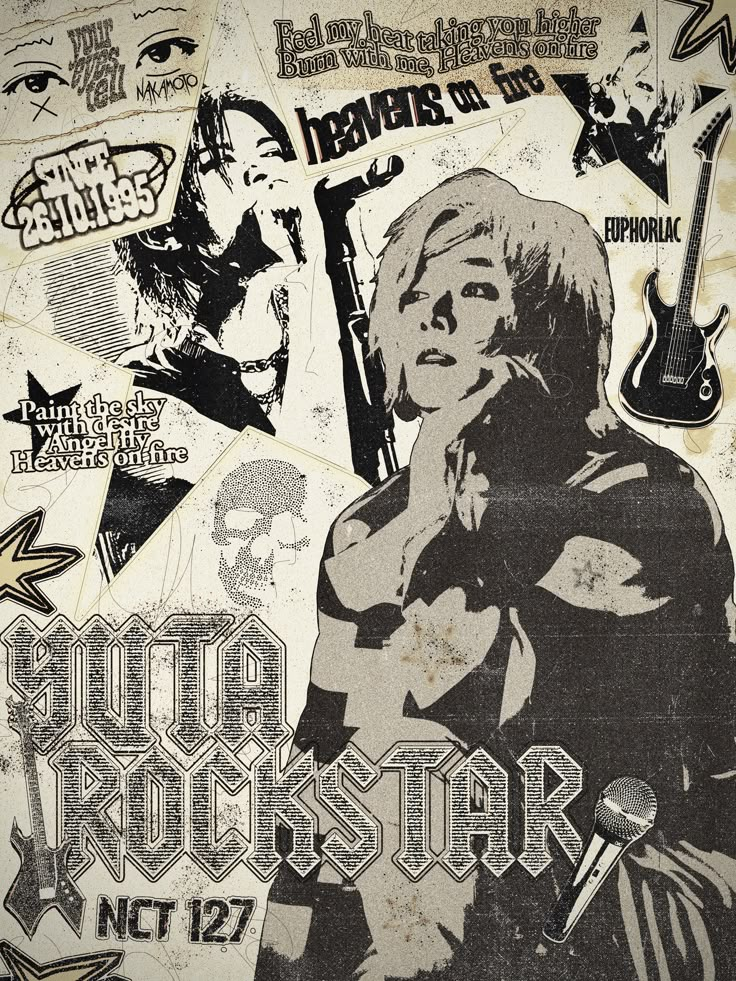 an image of rock star poster on the side of a wall with other stickers