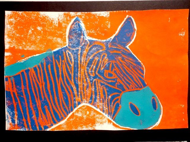 a painting of a zebra with orange and blue stripes on it's face, in front of an orange background