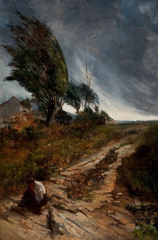 a painting of a dirt road with trees blowing in the wind