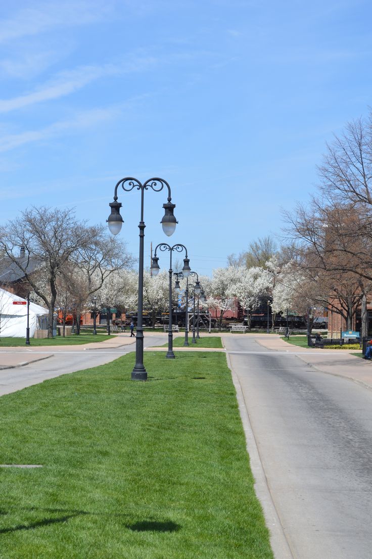 an empty street lined with park benches and lampposts in the middle of a grassy area